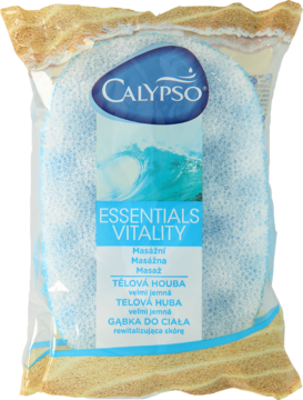 Jasnoniebieska owalna gąbka kąpielowa Calypso Essentials Vitality z warstwą masującą, w przezroczystej folii.