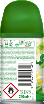 Tył wkładu Air Wick Freshmatic Białe Kwiaty, 250ml, zielona nasadka. Widoczne ikony użycia, kod kreskowy i symbol łatwopalności.
