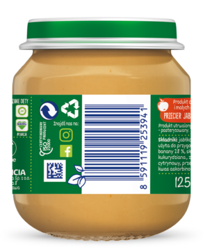 Tył szklanego słoiczka BoboVita Przecier jabłko banan 125g, z zieloną etykietą, kodem kreskowym i ikonami.