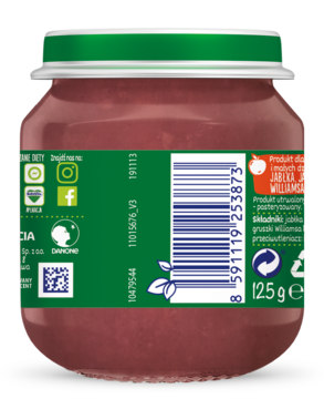 Tył słoiczka BoboVita: przecier jabłko, jagoda, gruszka Williamsa 125g, bez cukru, zielona etykieta.