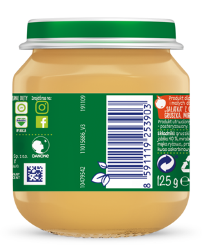 Tył szklanego słoiczka BoboVita Sałatka z owoców lata, widoczna zielona etykieta z kodem kreskowym i ikonami, 125 g.