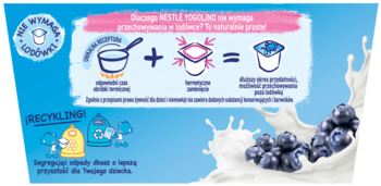 Nestle Jogolino, deserek jagodowy. Grafika o konserwacji, recyklingu, z borówkami i mlekiem. Nie wymaga lodówki.