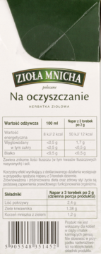 Tył zielono-białego opakowania herbatki Zioła Mnicha Na oczyszczanie. Widoczne dane o składnikach i wartościach odżywczych.
