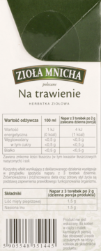 Tył opakowania herbatki ziołowej Zioła Mnicha Na trawienie, z tabelą wartości odżywczych i składników.