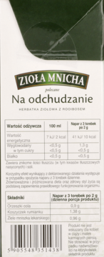 Tył biało-zielonego opakowania herbaty ziołowej ZIOŁA MNICHA Na odchudzanie z tabelą odżywczą i składnikami.