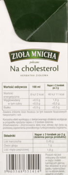 Tył opakowania Zioła Mnicha Na cholesterol, herbatka ziołowa, widoczna tabela odżywcza, skład i kod kreskowy.