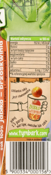 Tył kartonu soku Tymbark 100% jabłko-brzoskwinia z witaminą C, z tabelą wartości odżywczych i kodem kreskowym.