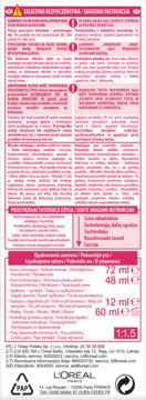 Tył opakowania farby do włosów L'Oréal. Zawiera listę składników z miarami i proporcjami, oraz dane kontaktowe.