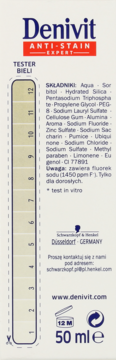 Biały tył pasty Denivit Anti-Stain Expert 50ml z pionową skalą Testera Bieli (1-12) i listą składników.
