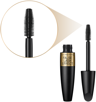 Czarny tusz Max Factor False Lash Effect, tuba z odkręconą szczoteczką i zbliżenie na jej włókna.