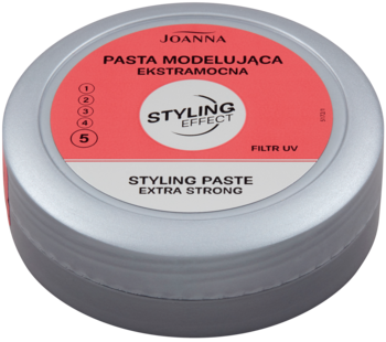 Pasta modelująca Joanna Styling Effect Extra Strong w srebrnym słoiku, czerwona etykieta, filtr UV.