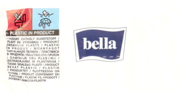 Fragment opakowania podpasek Bella: ikony utylizacji, napis "PLASTIC IN PRODUCT" i logo marki Bella.