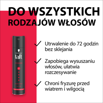 Schwarzkopf Taft Power lakier do włosów, czarna butelka z czerwonym akcentem, opis cech: 72h utrwalenia i ochrona przed wilgocią.