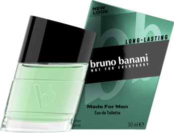 Bruno Banani Made for Men woda toaletowa, zielona butelka z czarną nakrętką, stojąca obok zielonego pudełka.