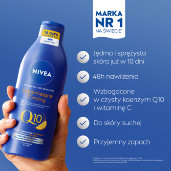 NIVEA Q10 Ujędrniające Mleczko do ciała 400ml, z Q10 i wit. C, w granatowej butelce, widok z przodu.