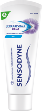 Biała tuba pasty Sensodyne Ultraszybka Ulga Mint, z niebieskimi napisami i fioletowo-niebieską grafiką, widok z przodu.