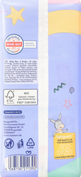 Tył opakowania pieluchomajtek Babydream Maxi, 9-15 kg, z logiem FSC, dermatest i kodem EAN.