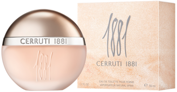Cerruti 1881, kwiatowa woda toaletowa 50ml, brzoskwiniowa butelka z różowozłotą nakrętką obok pudełka.