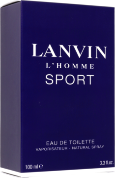 Ciemnoniebieskie pudełko perfum Lanvin L'Homme Sport Eau de Toilette 100 ml, widok z przodu i z boku.