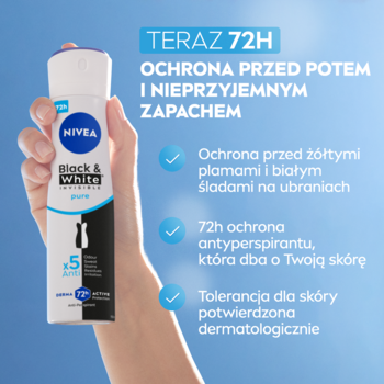 Biała butelka NIVEA Black & White Pure Antyperspirant spray trzymana przez dłoń, niebieskie tło, 72h.