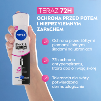 NIVEA Black & White Clear antyperspirant w sprayu, biało-czarny, z napisem 72h ochrony, trzymany w dłoni.