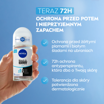 NIVEA Black & White Pure roll-on antyperspirant w przezroczystej butelce trzymany w dłoni, 72h ochrony, bez plam.