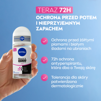 Ręka trzyma NIVEA Black & White Clear Antyperspirant roll-on 50ml, przezroczysta butelka, 72h ochrony przed potem.