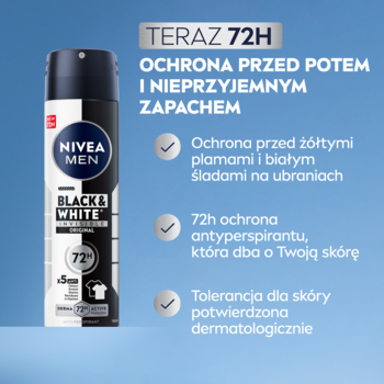 NIVEA MEN Black & White spray, czarno-białe opakowanie, pionowo. Widoczne info o 72h ochronie.