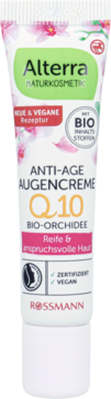 Alterra Q10 Anti-Age Augencreme w białej tubce z różowymi kwiatami, na dojrzałą i wymagającą skórę.
