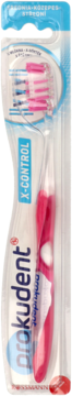 Szczoteczka ProKudent X-CONTROL, różowo-biała, w przezroczystym blistrze, widok z przodu, z detalami główki.