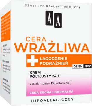 Krem AA Cera Wrażliwa 24H w białym pudełku z pomarańczowym napisem, widocznym pod kątem.