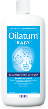 Biała butelka Oilatum Baby emulsja do kąpieli, z niebieską etykietą i grafiką dzieci, dla skóry od 1 dnia życia.