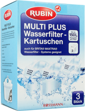 Opakowanie Rubin Multi Plus, 3 sztuki kartuszy do filtrów wody, niebiesko-białe, z napisem 150L. Front pudełka.