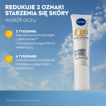 Biała tubka kremu NIVEA Q10 pod oczy, na tle nieba. Tekst: redukuje zmarszczki po 2 i 4 tyg.