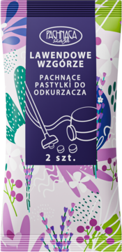 Fioletowe opakowanie Pachnąca Saga Lawendowe Wzgórze, pachnące pastylki do odkurzacza z grafiką odkurzacza, 2 szt.