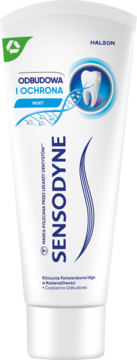 Biała tubka miętowej pasty Sensodyne Odbudowa i Ochrona, widok z przodu z niebieską grafiką zęba i DNA.