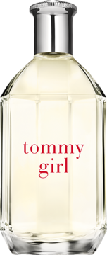 Tommy Hilfiger Tommy Girl, woda toaletowa. Szklana, fasetowana butelka ze srebrnym korkiem, czerwony napis, widok z przodu.