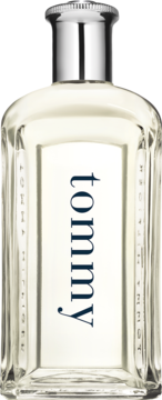 Przezroczysta butelka Tommy Hilfiger Tommy woda toaletowa z srebrną nakrętką, pionowy napis na białej etykiecie.