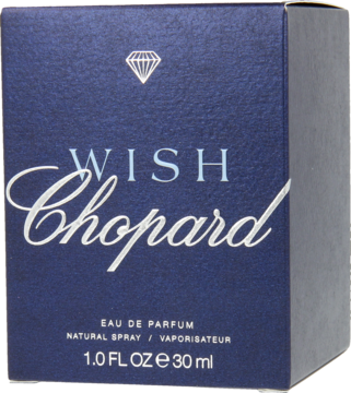 Matowe, granatowe pudełko Chopard Wish Eau de Parfum 30ml ze srebrnymi napisami i diamentowym logo, widok z przodu.