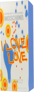 Moschino I Love Love EDT, białe opakowanie z pomarańczowym graffiti 'I LOVE LOVE' i barwnymi kropkami, widok przód.