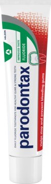 Parodontax Fluoride toothpaste in white tube, green top, red side, vertical front view, for healthy gums.