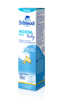 Stérimar Higiena Nosa Baby, opakowanie niebiesko-białe z delfinem, napis 100% naturalna, widok przodu i boku.