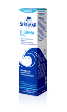 Stérimar Higiena Nosa spray w białym kartonowym pudełku, widok z przodu, z niebieskim delfinem. 100% naturalny.