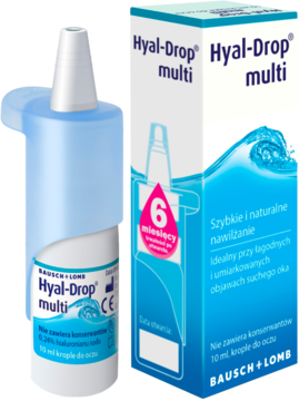 Hyal-Drop multi, nawilżające krople do oczu, butelka i pudełko, niebiesko-białe opakowanie.