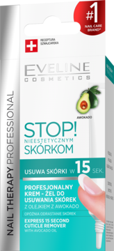 Eveline Nail Therapy Professional Express 15 Second Cuticle Remover, białe pudełko z awokado, do szybkiego usuwania skórek.
