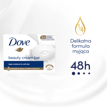Biała kostka myjąca Dove Beauty Cream Bar "deep moisture" w opakowaniu, widok z przodu na białym tle, obok infografika 1/4 kremu.