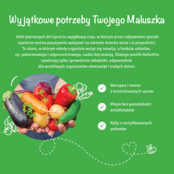 Zielony plakat z rąkami trzymającymi świeże, kolorowe warzywa i owoce. Nagłówek: Wyjątkowe potrzeby Twojego Maluszka.