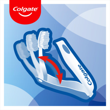 Colgate Travel, biała składana szczoteczka do zębów, widok z boku, ukazujący mechanizm składania/rozkładania.