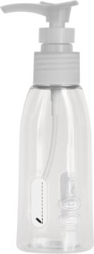 Przezroczysta plastikowa butelka z białą pompką 100 ml, na kosmetyki podróżne, widok z przodu.