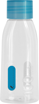 Plastikowa buteleczka 100 ml na kosmetyki z niebieską zakrętką i wskaźnikiem poziomu płynu, widok z przodu.